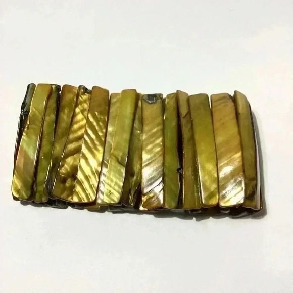 Vintage Mother of Pearl Abalone shell strips iridescent green stretch bracelet - Picture 2 of 3